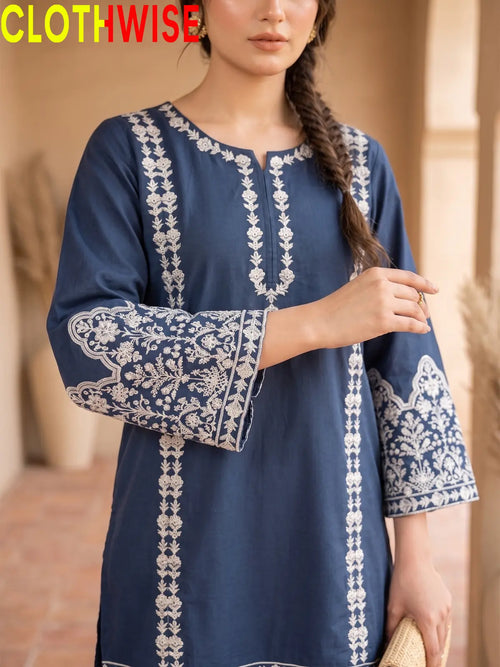 Aina Blue Embroidered Cotton 2-Piece Suit with Flapper Pants by Clothwise