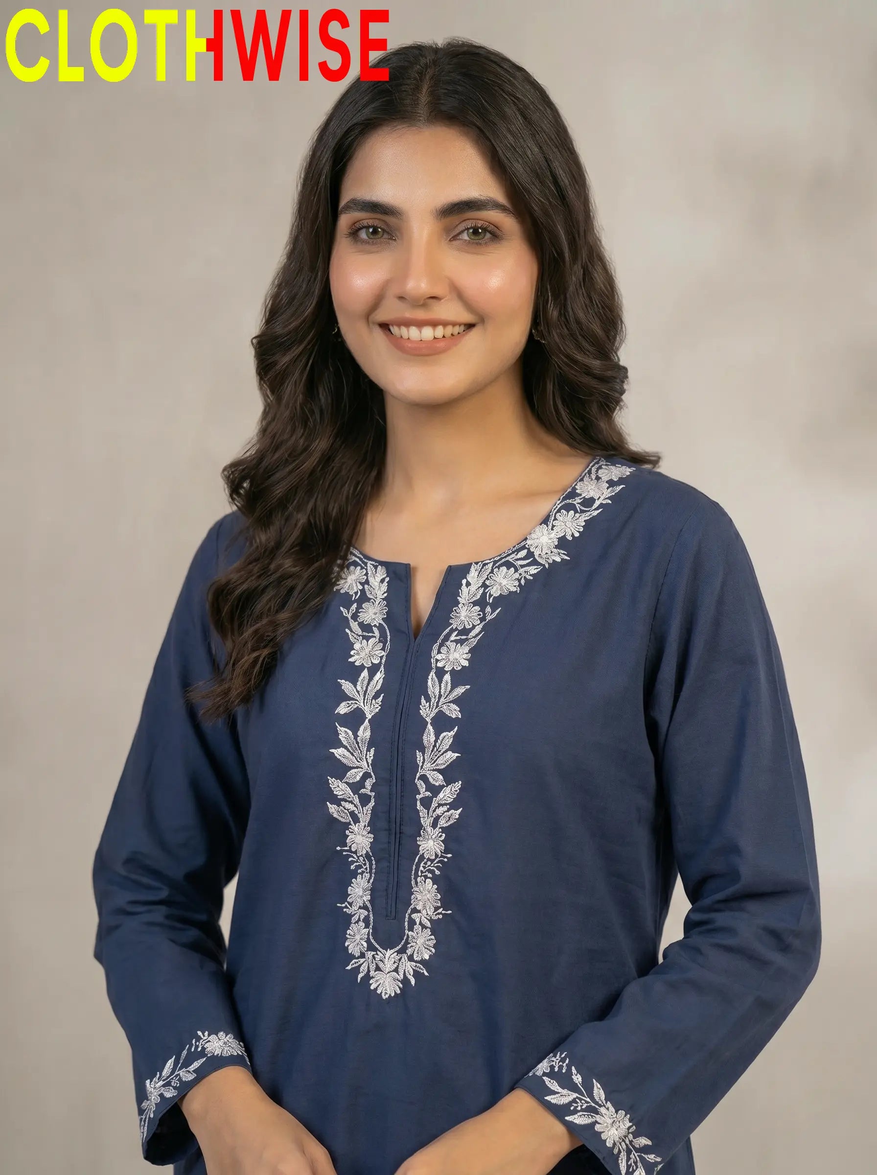 Naqsh Blue Embroidered Cotton Co-ord Set Close-up Embroidery Detail – Clothwise