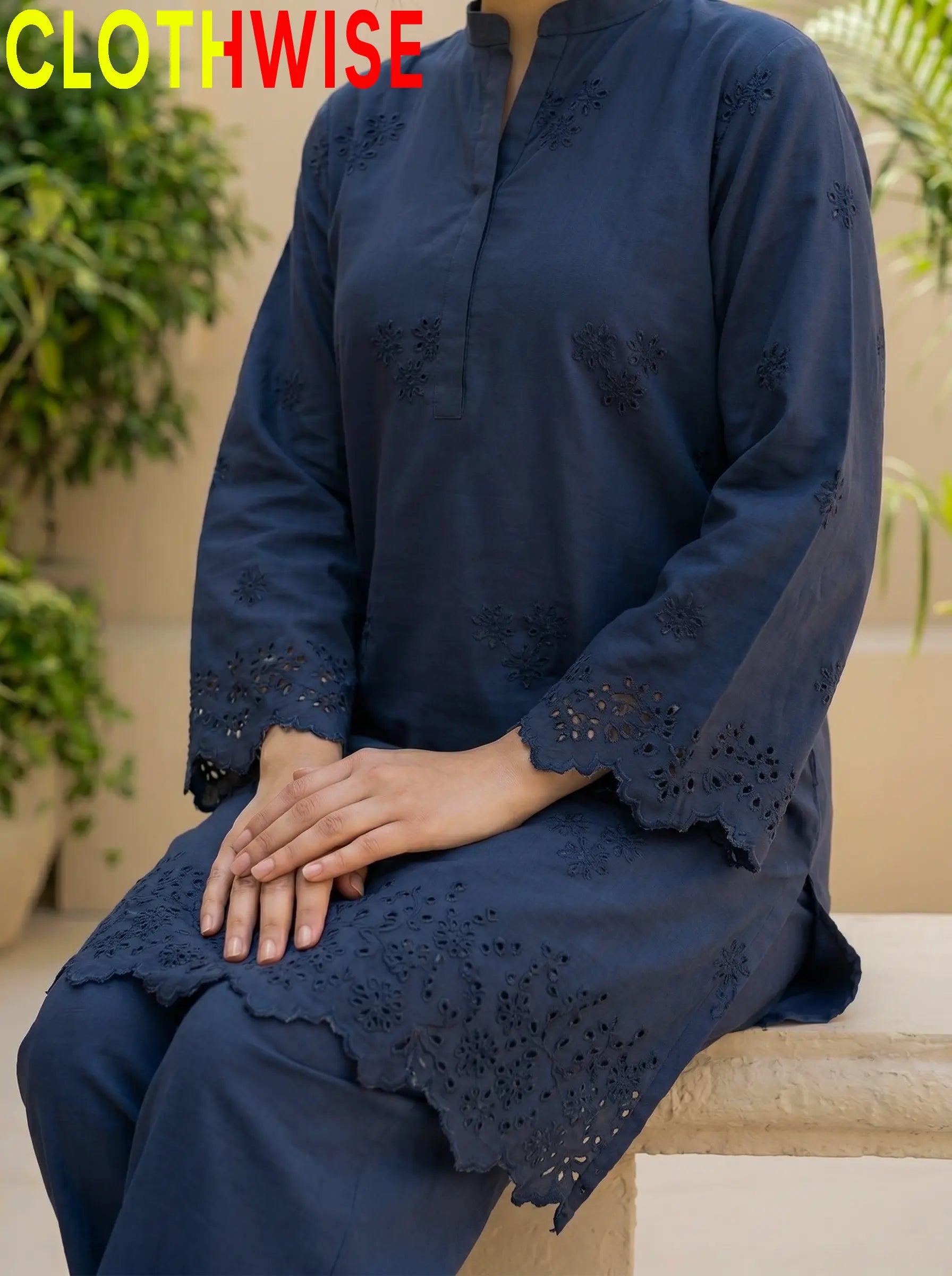 Zimal Blue Chikankari Embroidery Closeup – Cutwork Daman Detail | Clothwise