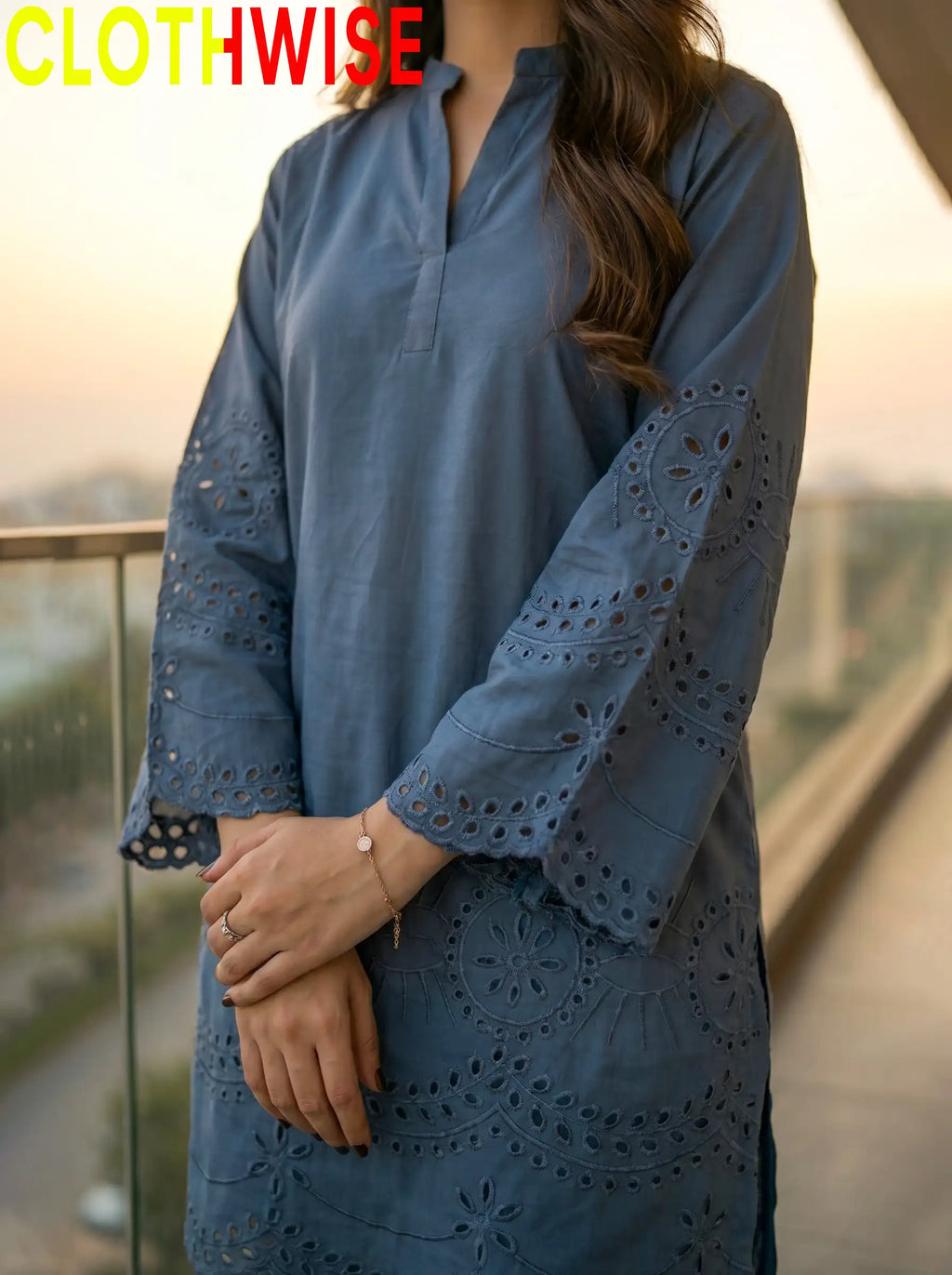 CottonCut blue embroidered 2-piece cotton suit closeup