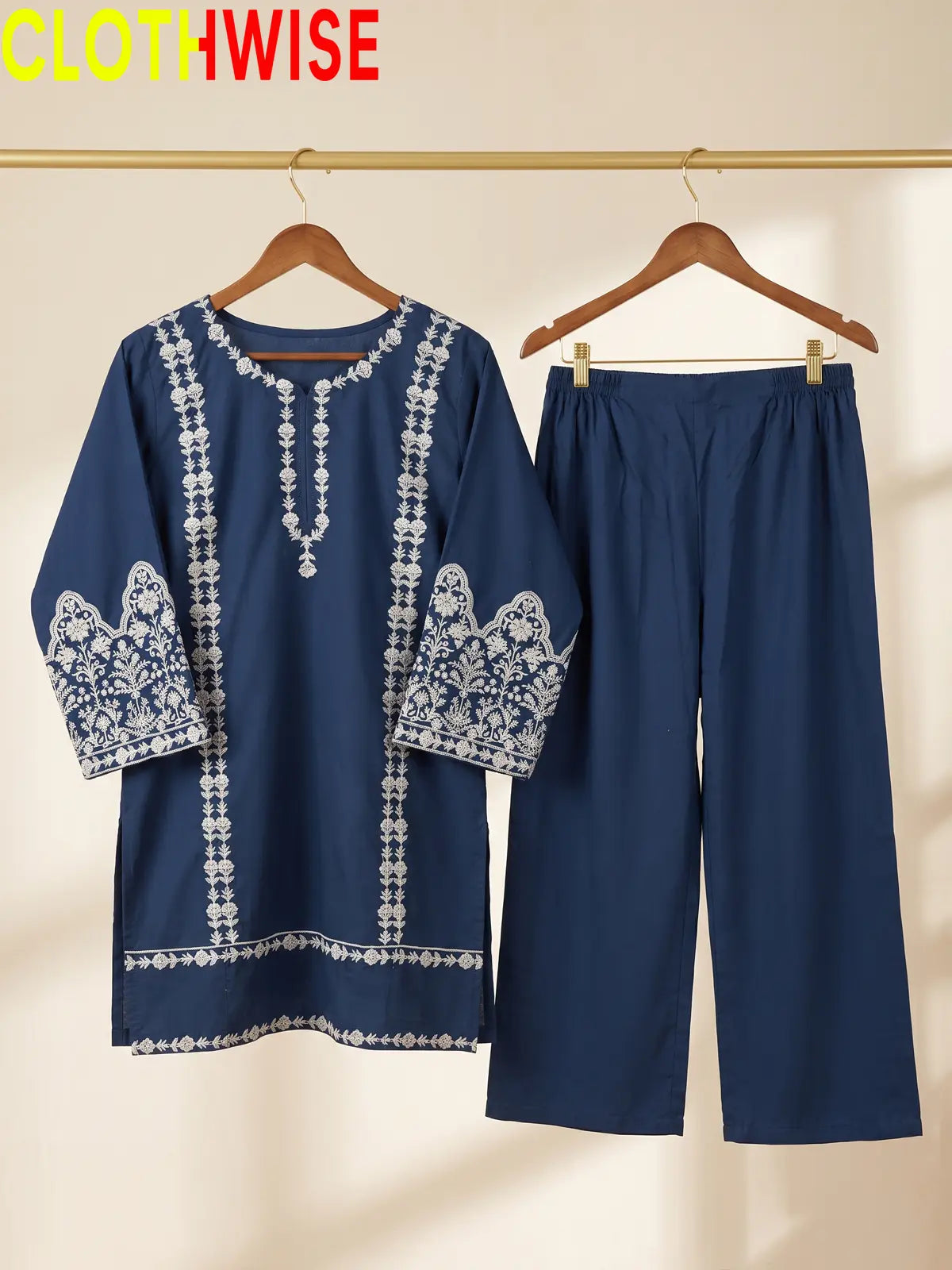 Aina Blue Embroidered Cotton 2-Piece Suit with Flapper Pants by Clothwise