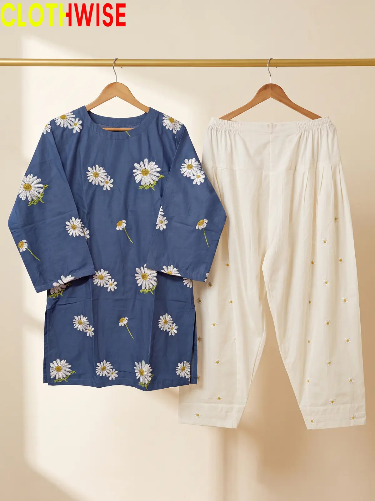 Daisy Blue embroidered cotton suit - hanger view - CLOTHWISE
