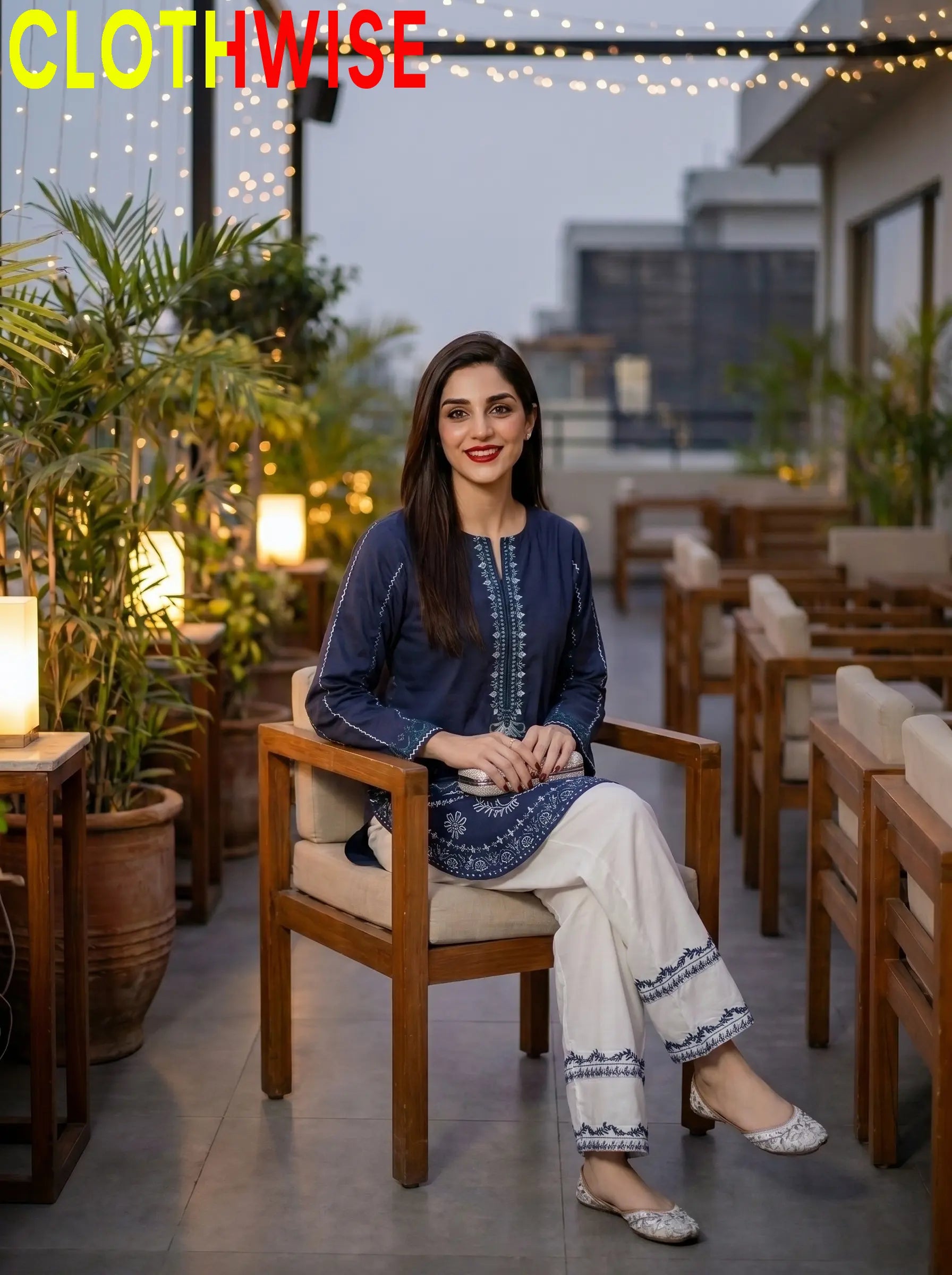 Naqsh Blue Bottom Flapper Cotton Suit Sitting Pose - Clothwise