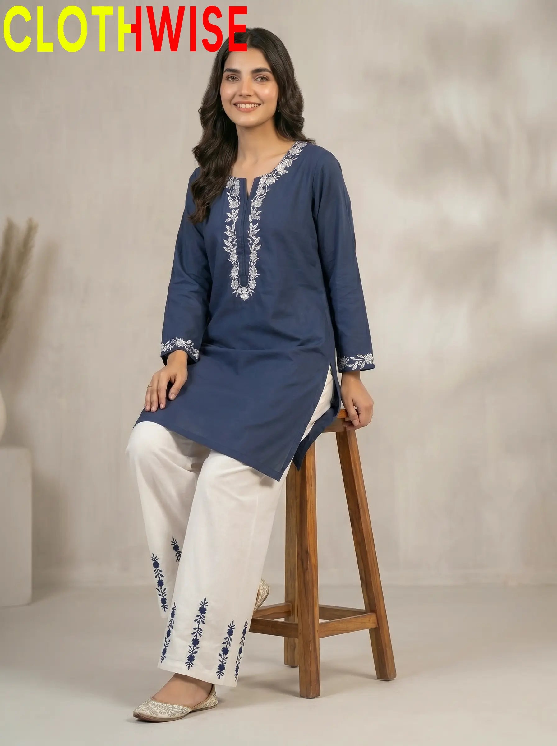 Naqsh Blue Embroidered Cotton Co-ord Set Sitting View – Clothwise