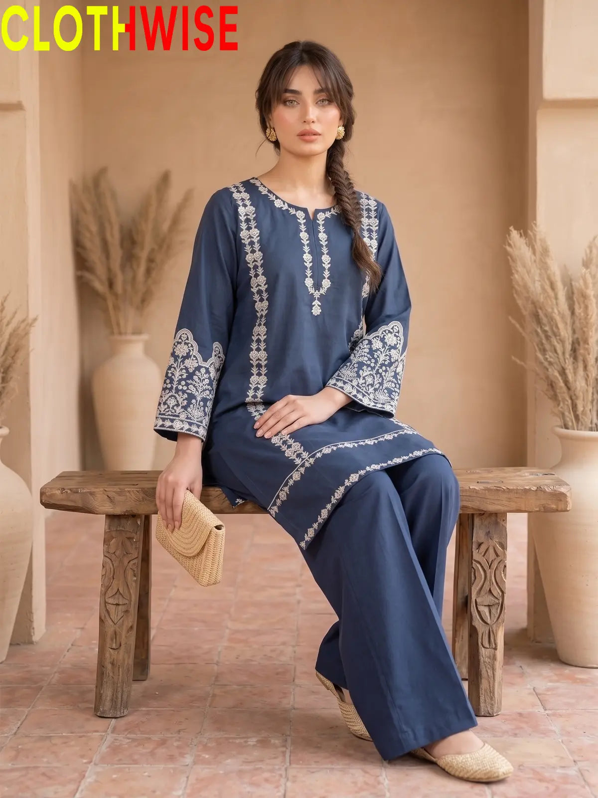 Aina Blue Embroidered Cotton 2-Piece Suit with Flapper Pants by Clothwise