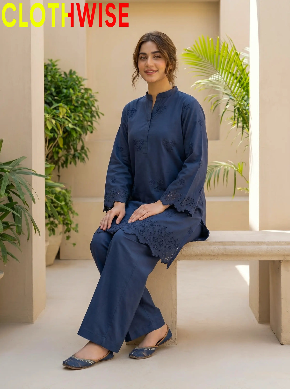 Zimal Blue Chikankari 2-Piece Cotton Suit – Sitting Pose | Clothwise