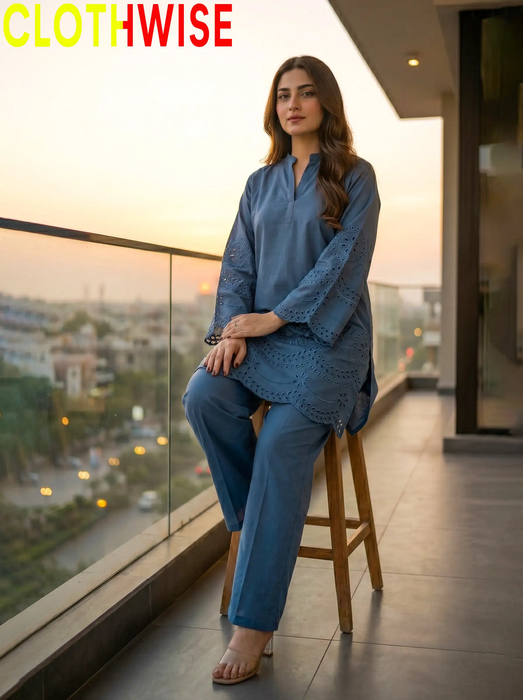 CottonCut blue printed flapper suit sitting pose