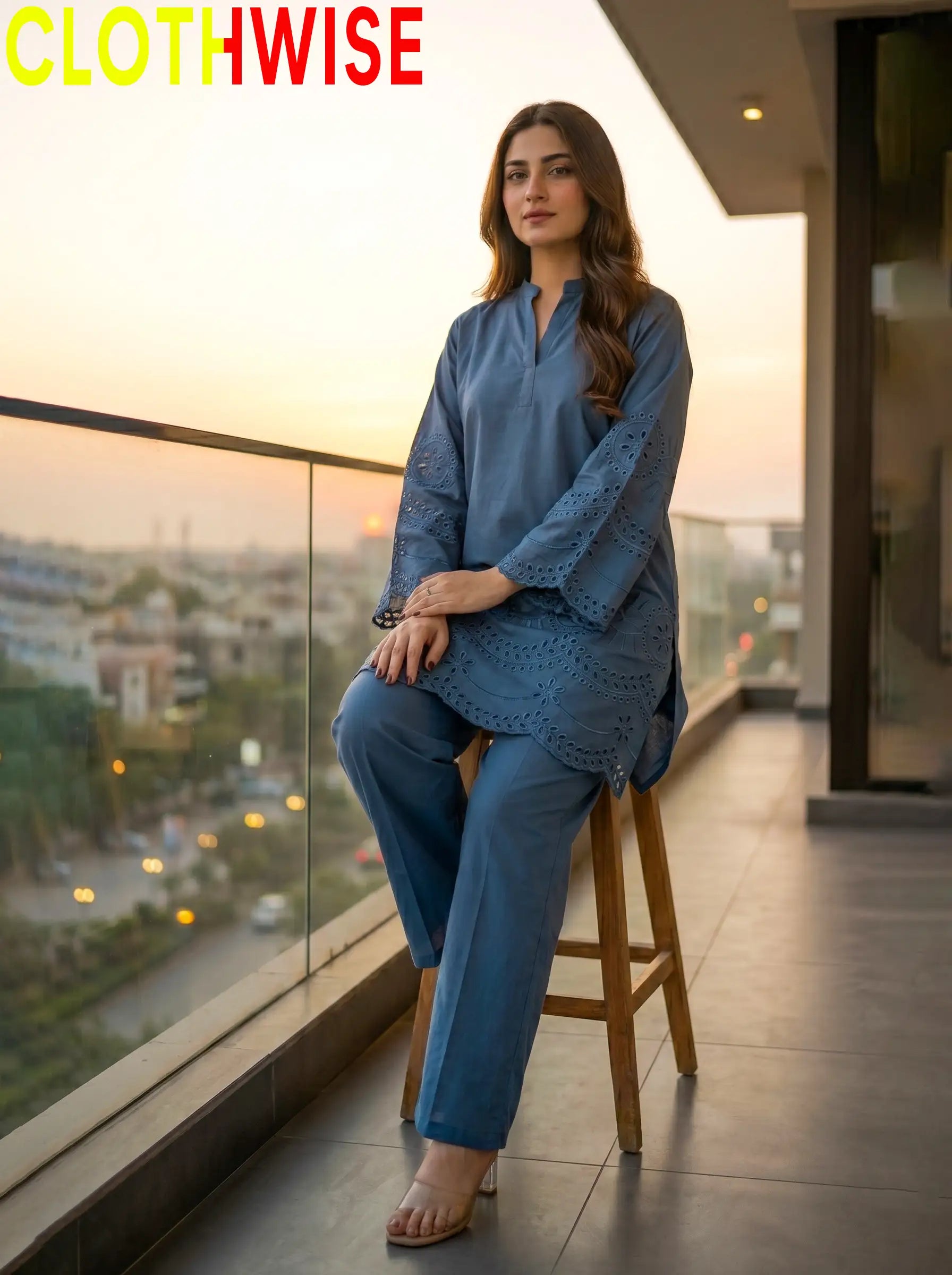 CottonCut blue printed flapper suit sitting pose