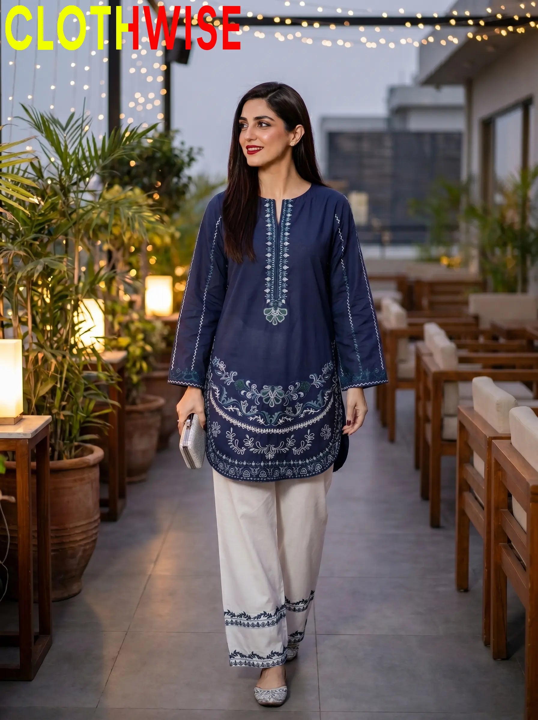 Naqsh Blue 2-Piece Stitched Cotton Suit Standing - Clothwise
