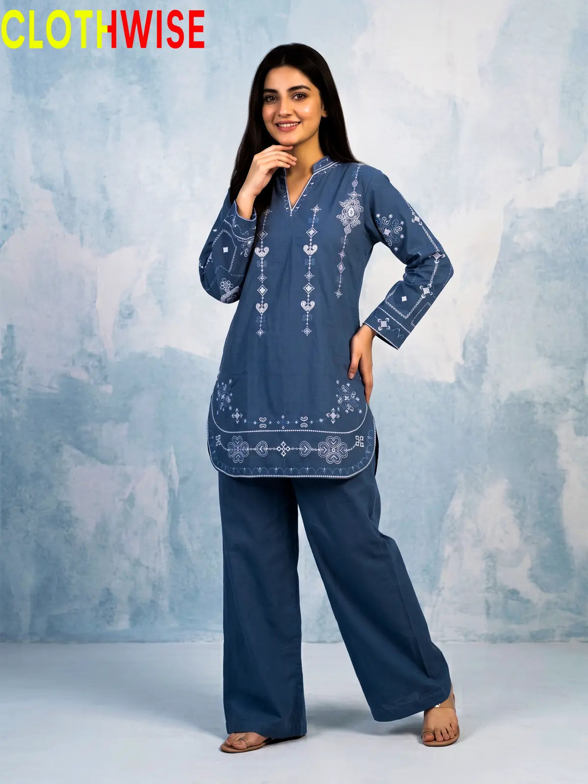 Taana Baana Blue 2-Pc Embroidered Cotton Suit – Standing View