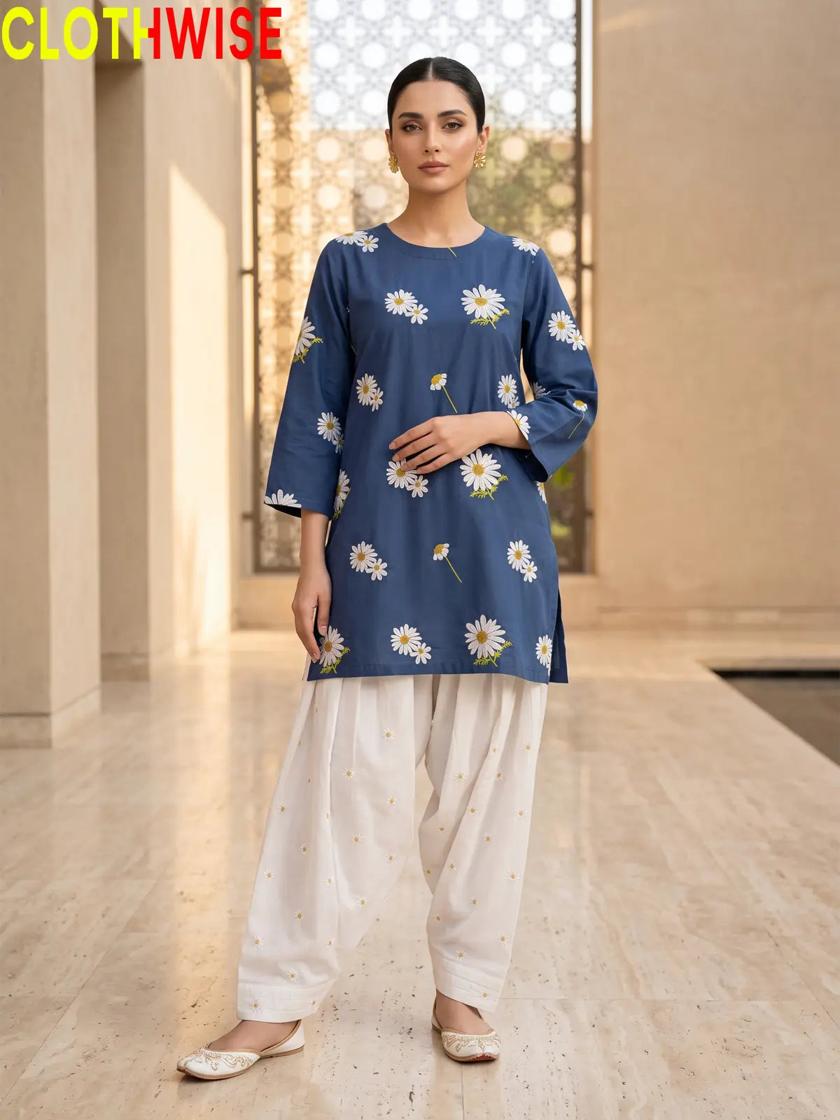 Daisy Blue embroidered cotton suit - standing view - CLOTHWISE