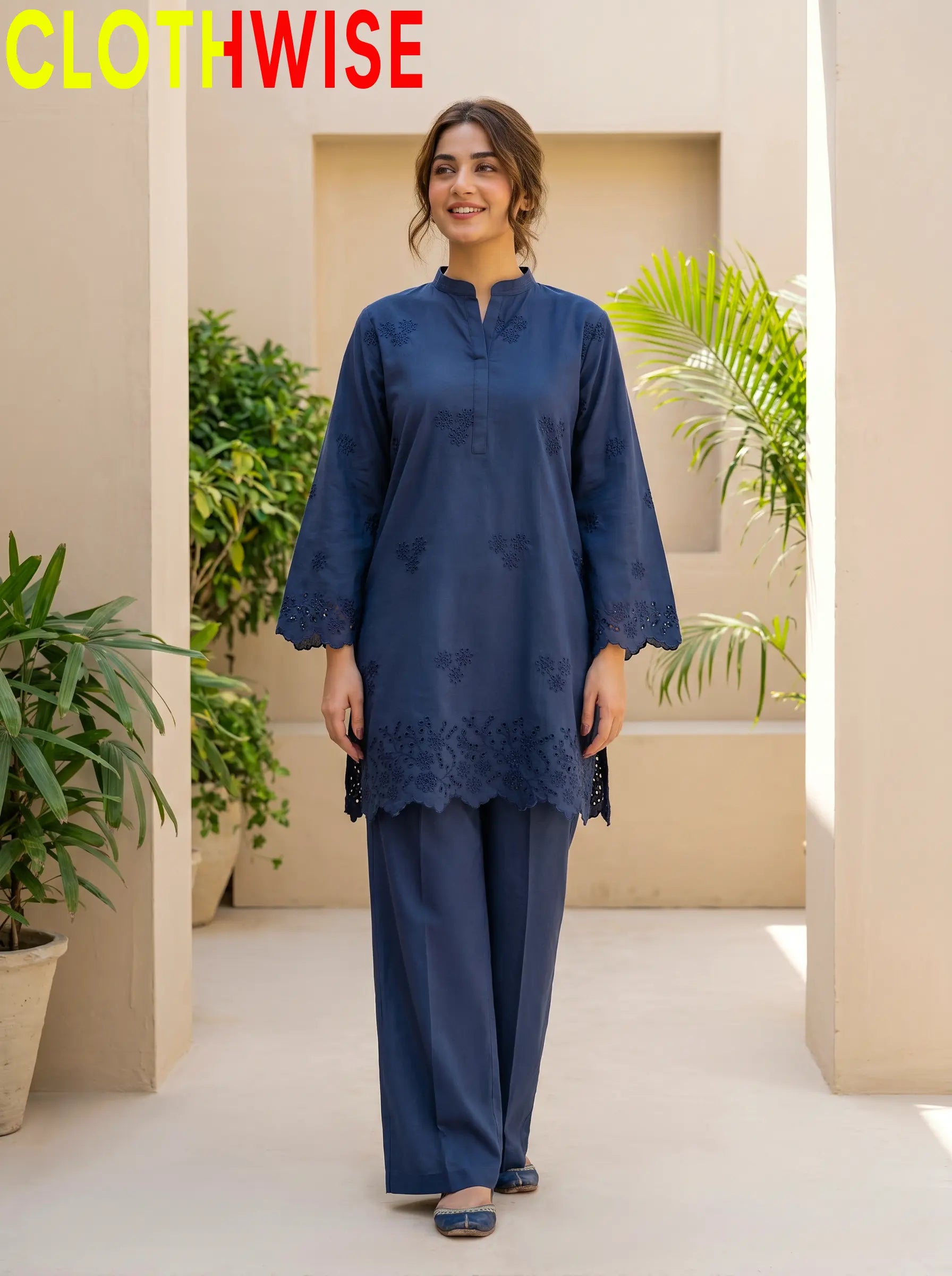 Zimal Blue Chikankari Suit – Standing Full View | Clothwise