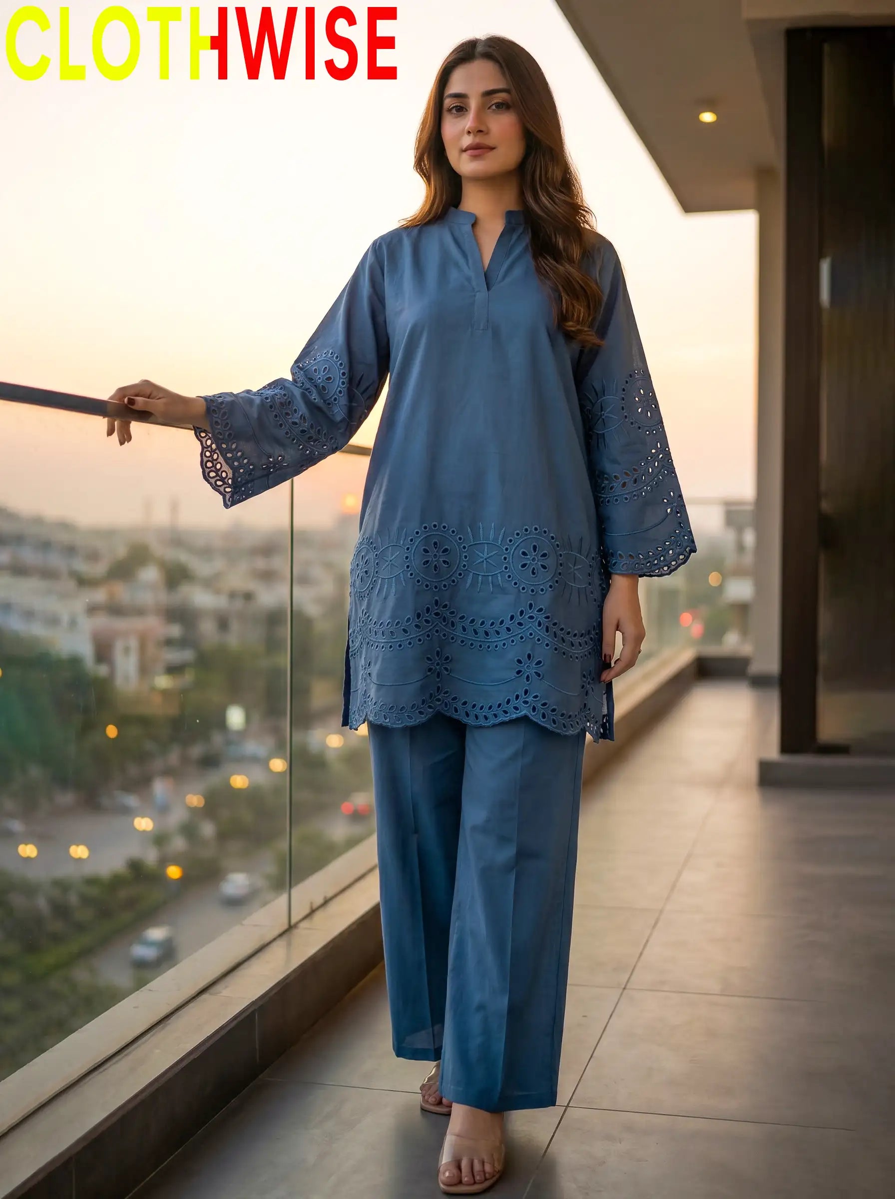 CottonCut blue stitched co-ord suit full length standing