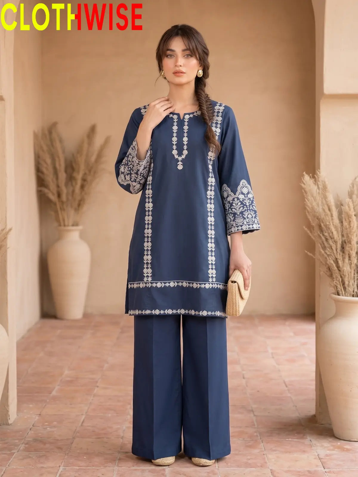 Aina Blue Embroidered Cotton 2-Piece Suit with Flapper Pants by Clothwise