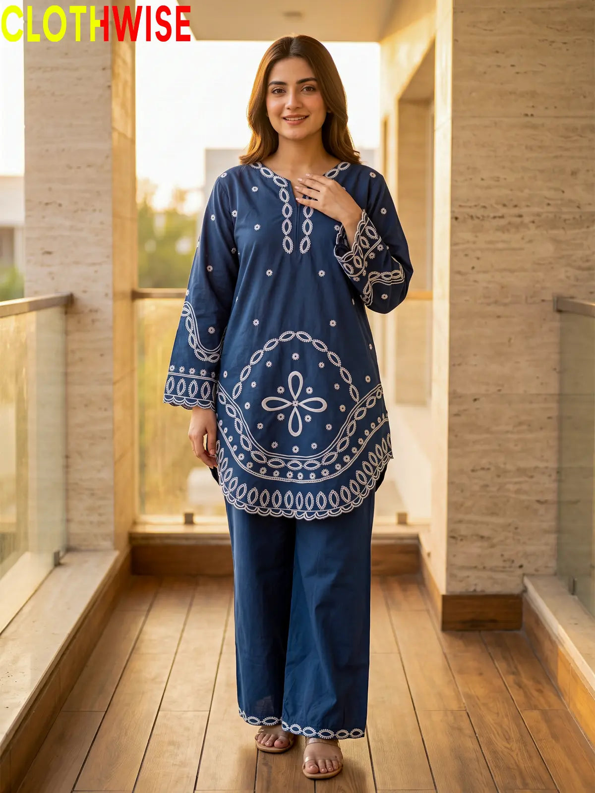 Aarzo embroidered lawn suit blue front standing view