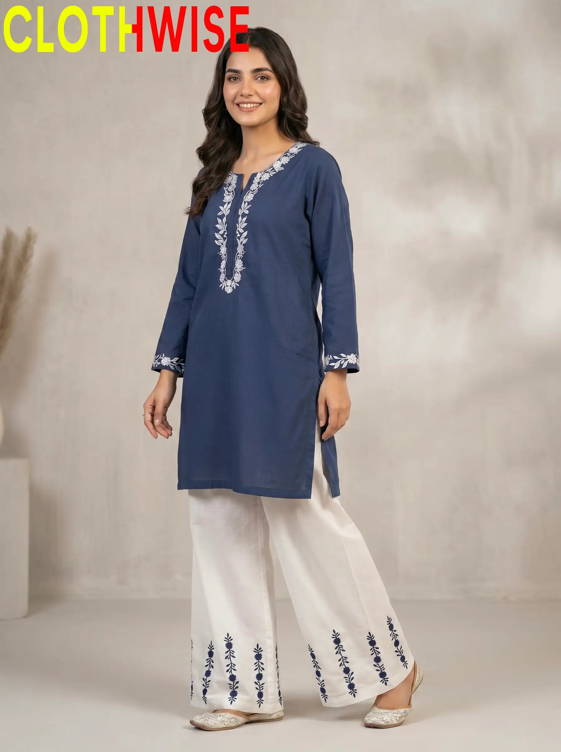 Naqsh Blue Embroidered Cotton Co-ord Set Standing View – Clothwise