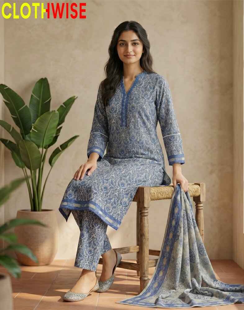 Woman in a blue patterned outfit sitting on a chair with a plant in the background, branded 'CLOTHWISE'.