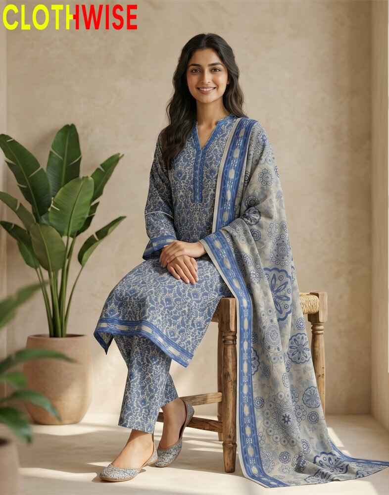 Woman in a blue patterned outfit sitting on a chair with 'CLOTHWISE' branding.