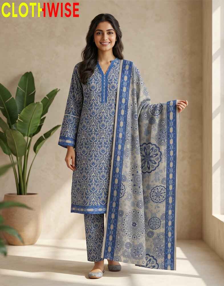 Woman wearing a blue and white patterned outfit holding a matching scarf in a bright room.