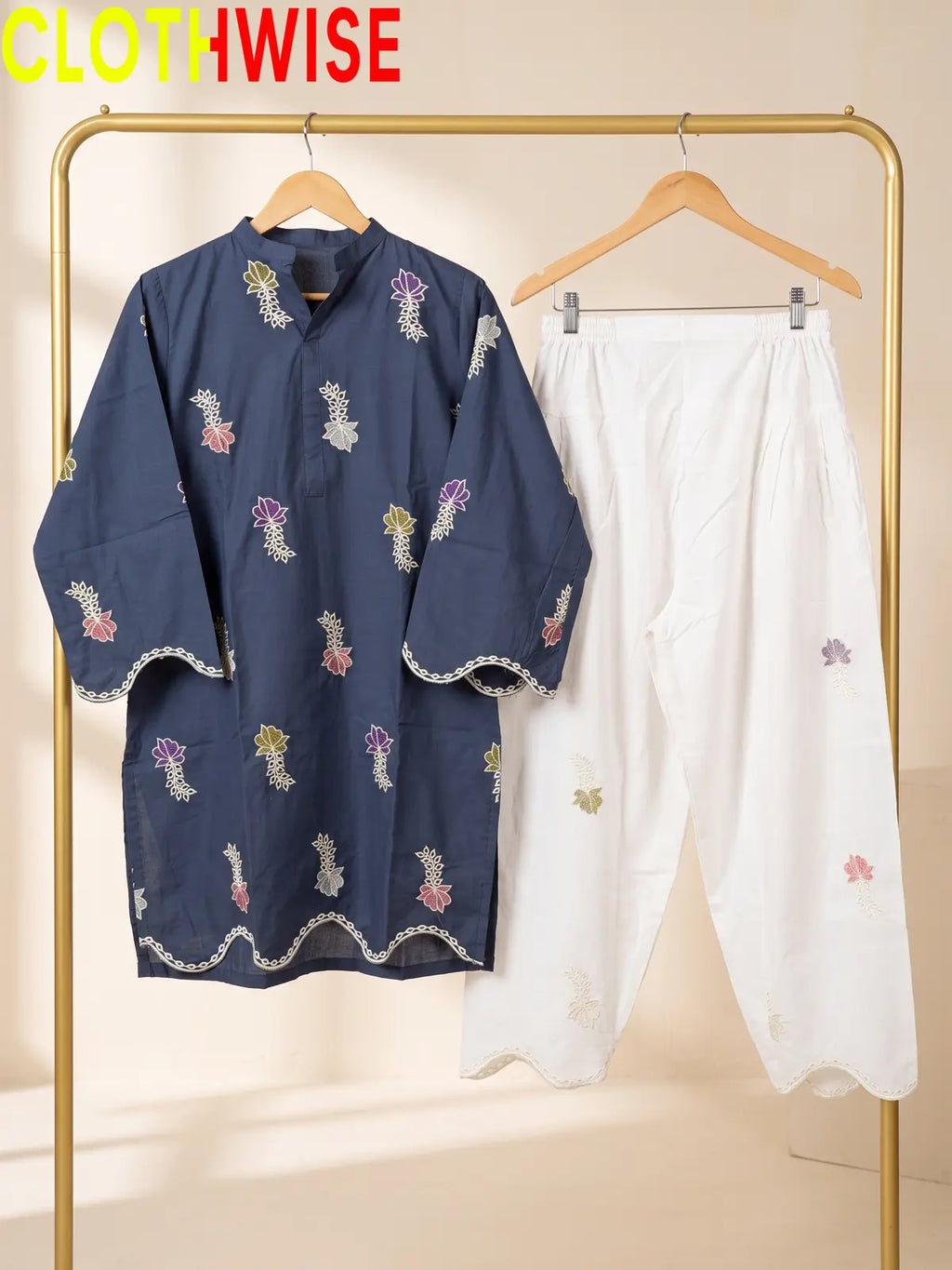 Khushi - Embroidered Cotton Kurti with Scalloped Hem & Shalwar