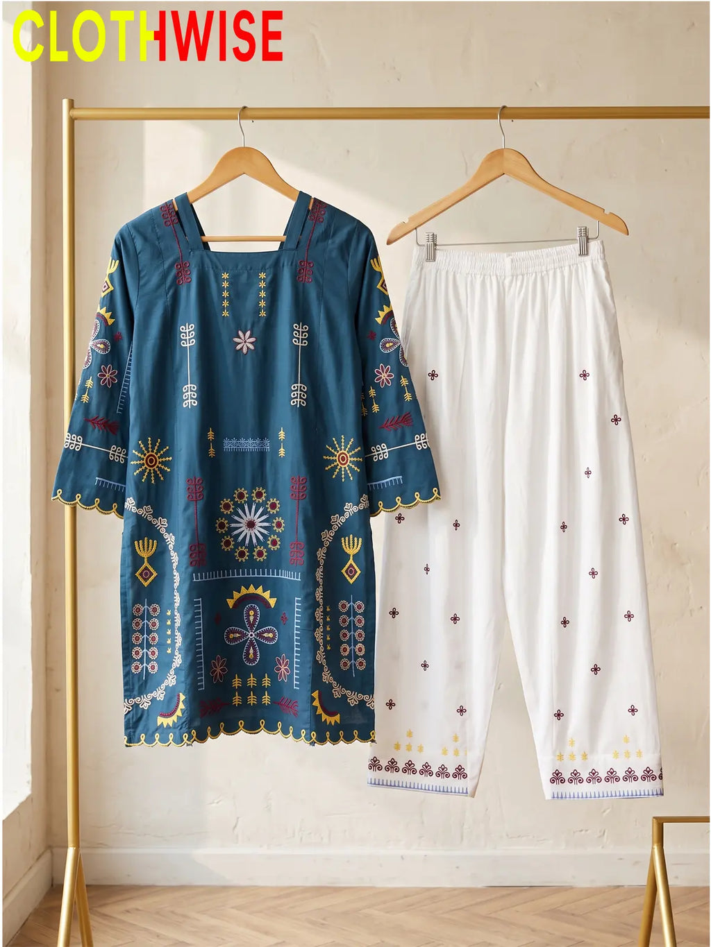 Tehzeeb | Embroidered 2-Piece Kurta Shalwar Set | Square Neck, Scalloped Hem