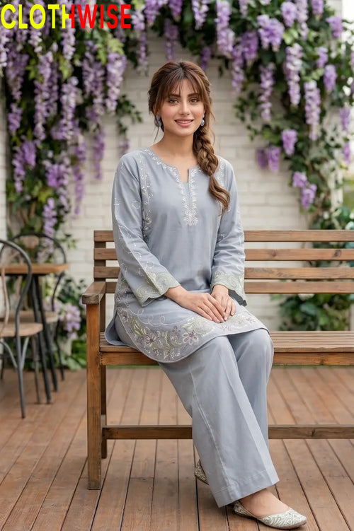 Zarnish Blueish Grey 2-piece embroidered suit - sitting view