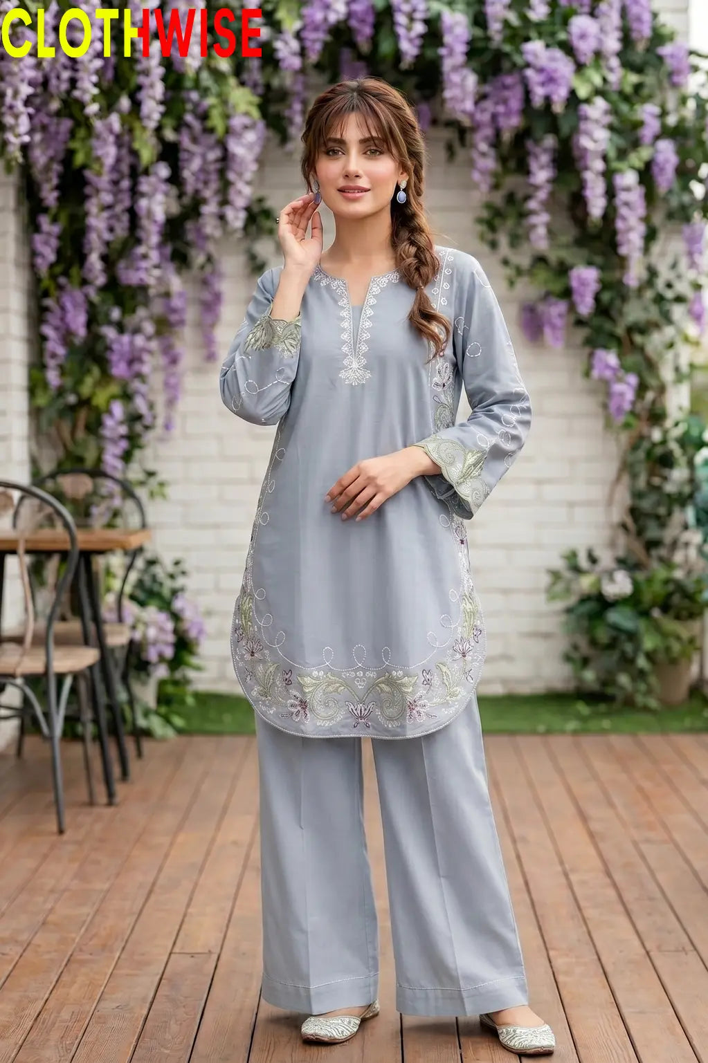 Zarnish Blueish Grey 2-piece embroidered suit - front standing view
