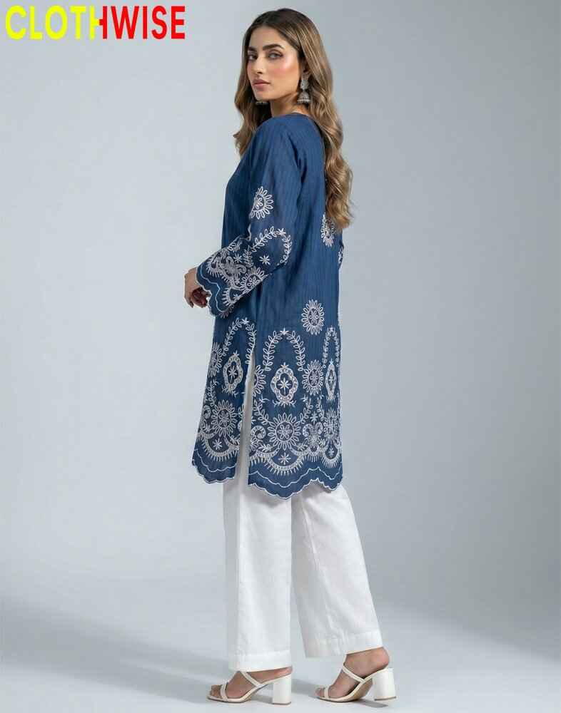 Lumiere – Deep Blue Embroidered Shirt with White Flapper Pant | 2 Piece Summer Set - Pakistani Women Pret | CLOTHWISE