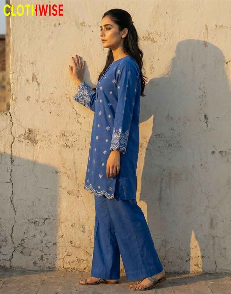 Woman in a blue traditional outfit standing against a textured wall with 'Clothwise' branding.