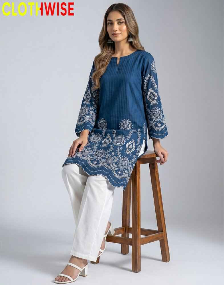 Lumiere – Deep Blue Embroidered Shirt with White Flapper Pant | 2 Piece Summer Set - Pakistani Women Pret | CLOTHWISE