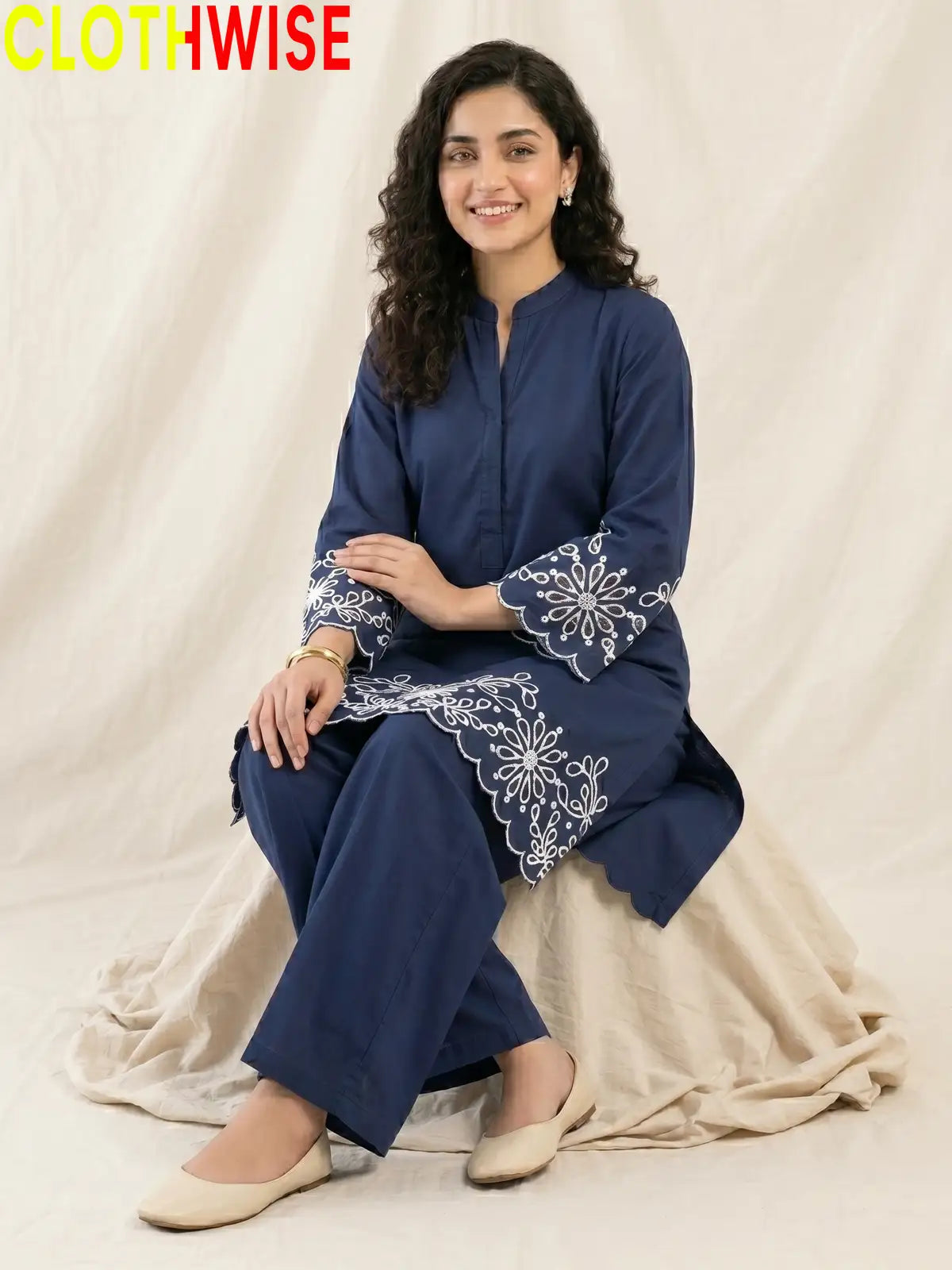 Aserin Laser Cutwork Cotton Suit | Embroidered Kurti with Wide Leg Flapper