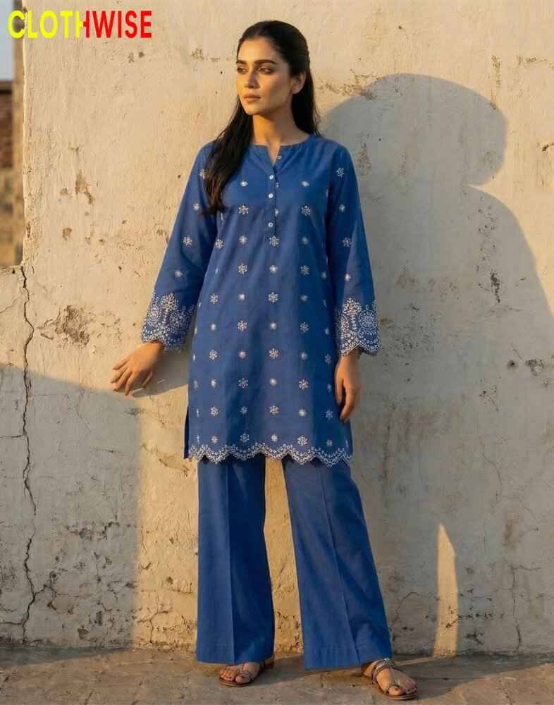 Woman wearing a blue embroidered outfit against a textured wall with 'Clothwise' branding.