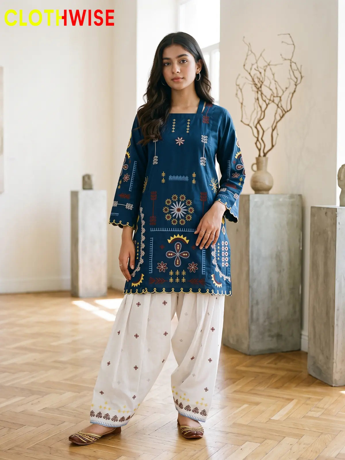 Tehzeeb | Embroidered 2-Piece Kurta Shalwar Set | Square Neck, Scalloped Hem