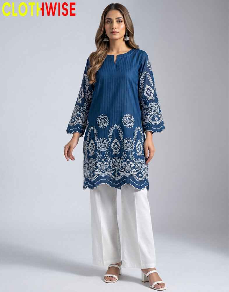 Lumiere – Deep Blue Embroidered Shirt with White Flapper Pant | 2 Piece Summer Set - Pakistani Women Pret | CLOTHWISE
