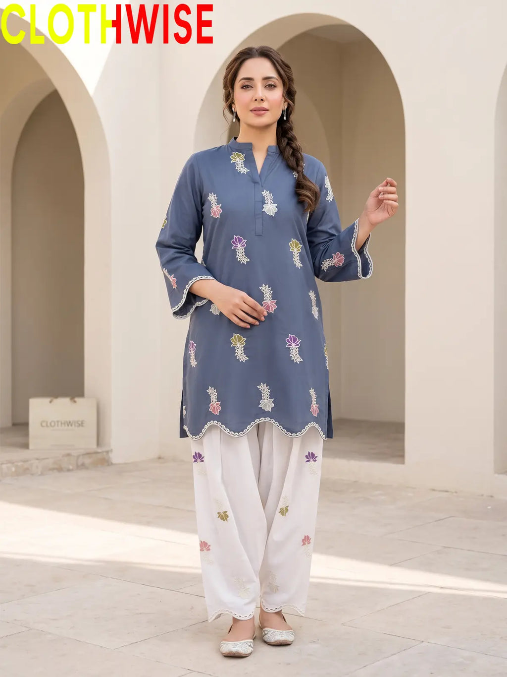 Khushi - Embroidered Cotton Kurti with Scalloped Hem & Shalwar