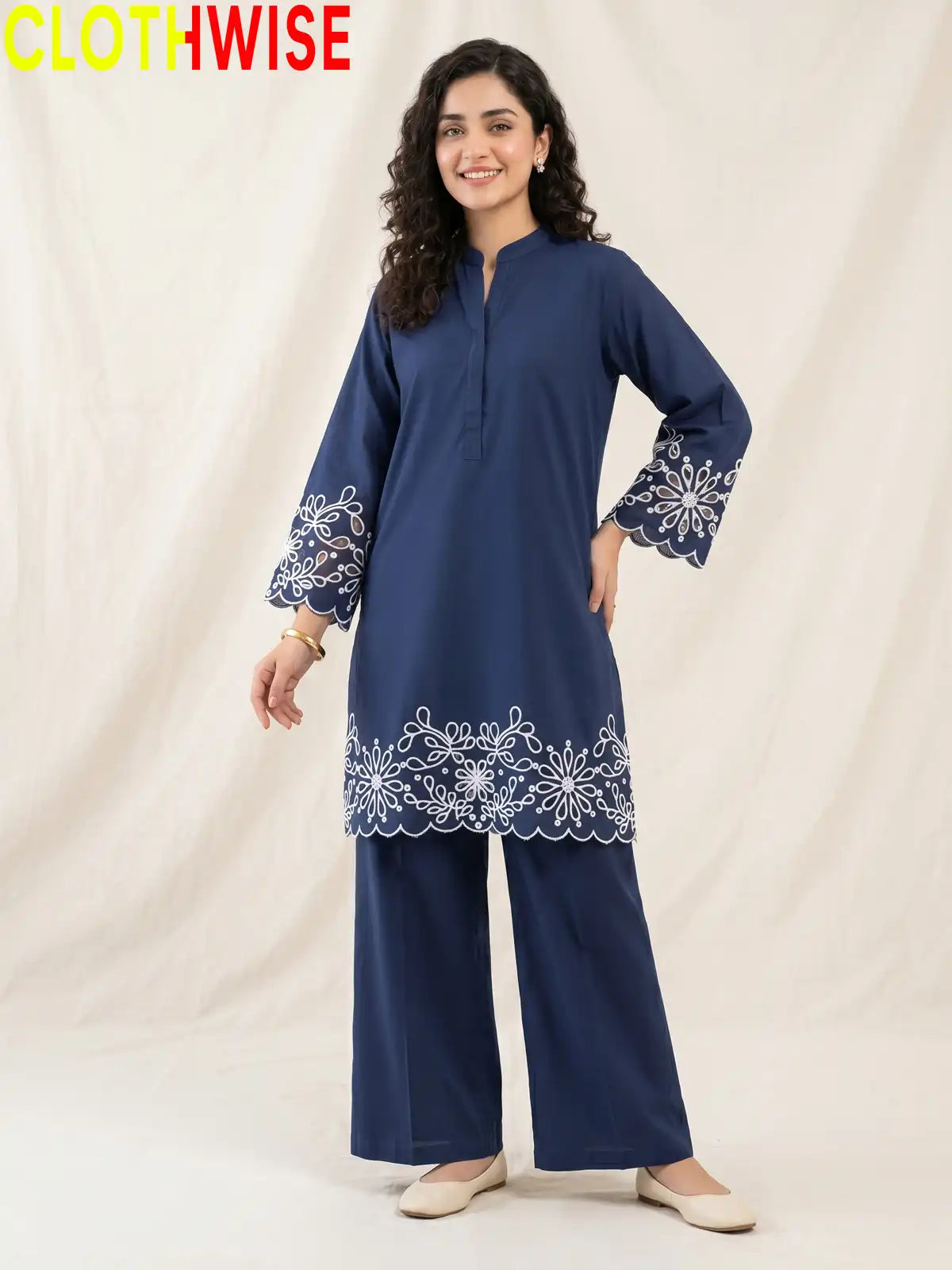 Aserin Laser Cutwork Cotton Suit | Embroidered Kurti with Wide Leg Flapper