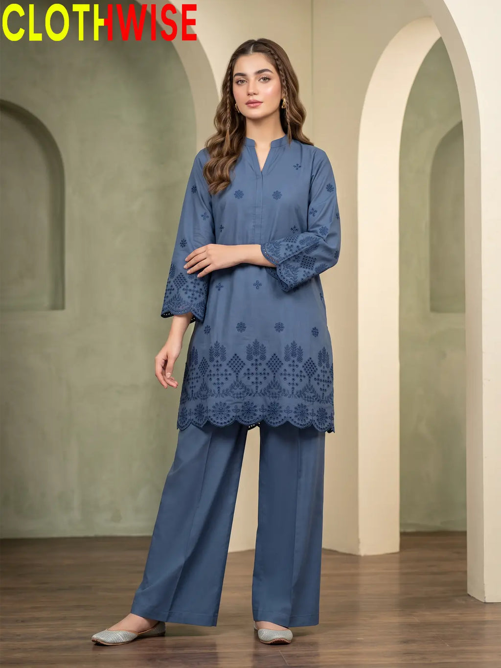 Hijr ChikanKari Eyelet Embroidered Scallop Hem 2 Piece Cotton Suit