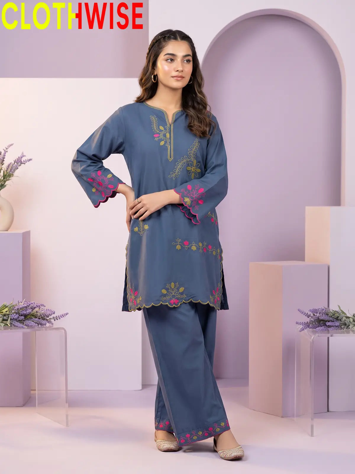 Amber Embroidered Cotton Co-Ord Set | Stitched 2 Piece Suit – CLOTHWISE