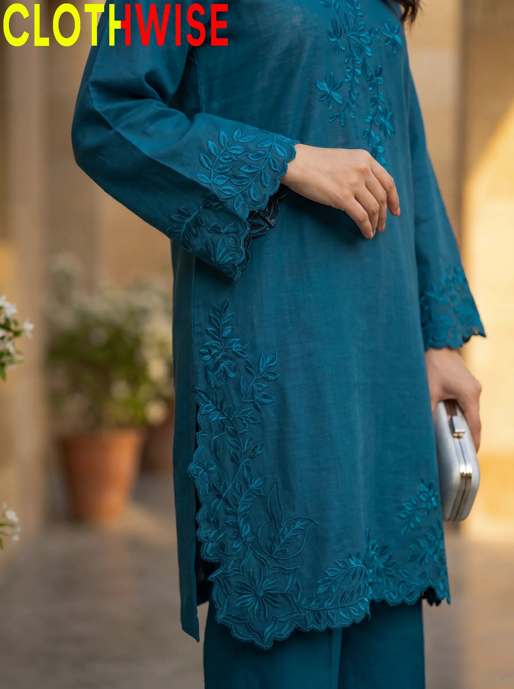 Gulkari Bluish Zinc Embroidered Co-ord Set Closeup – Cutwork Daman Detail by Clothwise