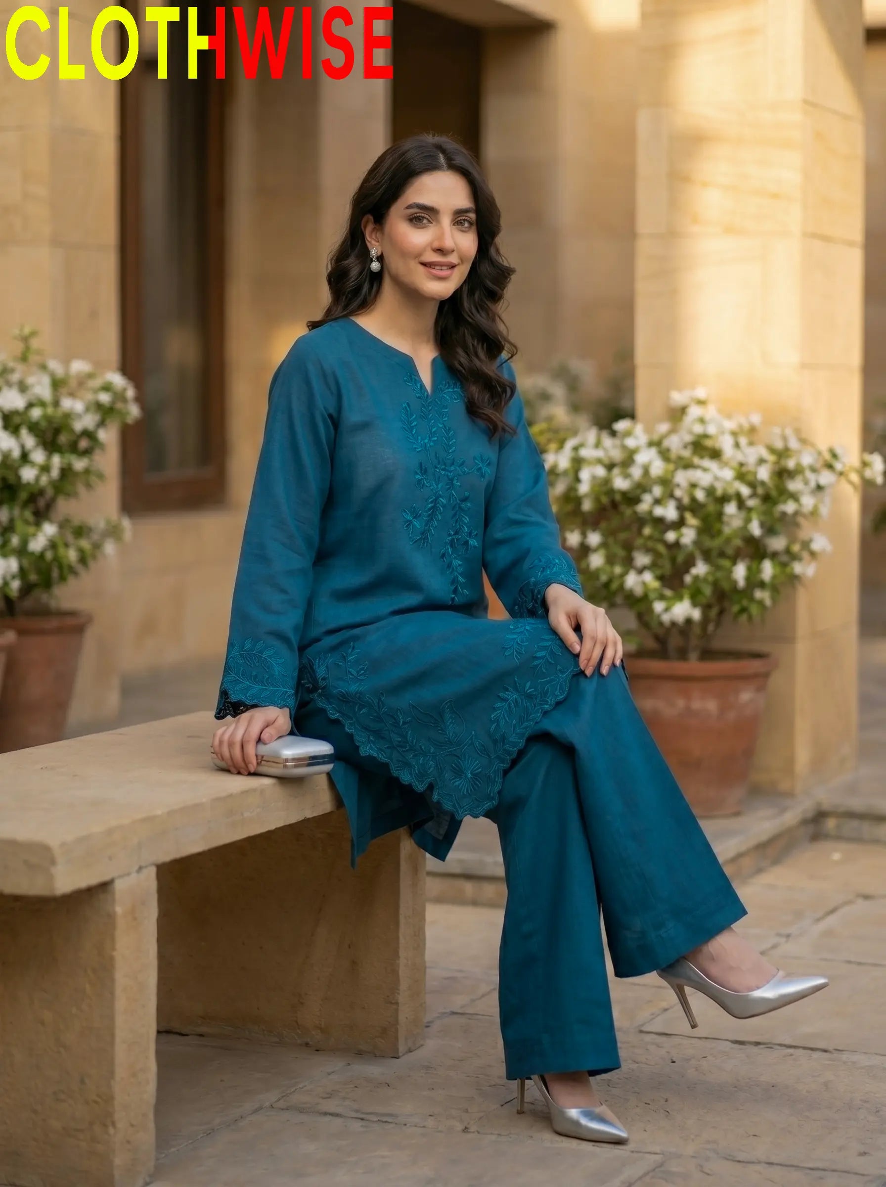 Gulkari Bluish Zinc Embroidered Suit with Flapper Bottom Sitting View – Clothwise