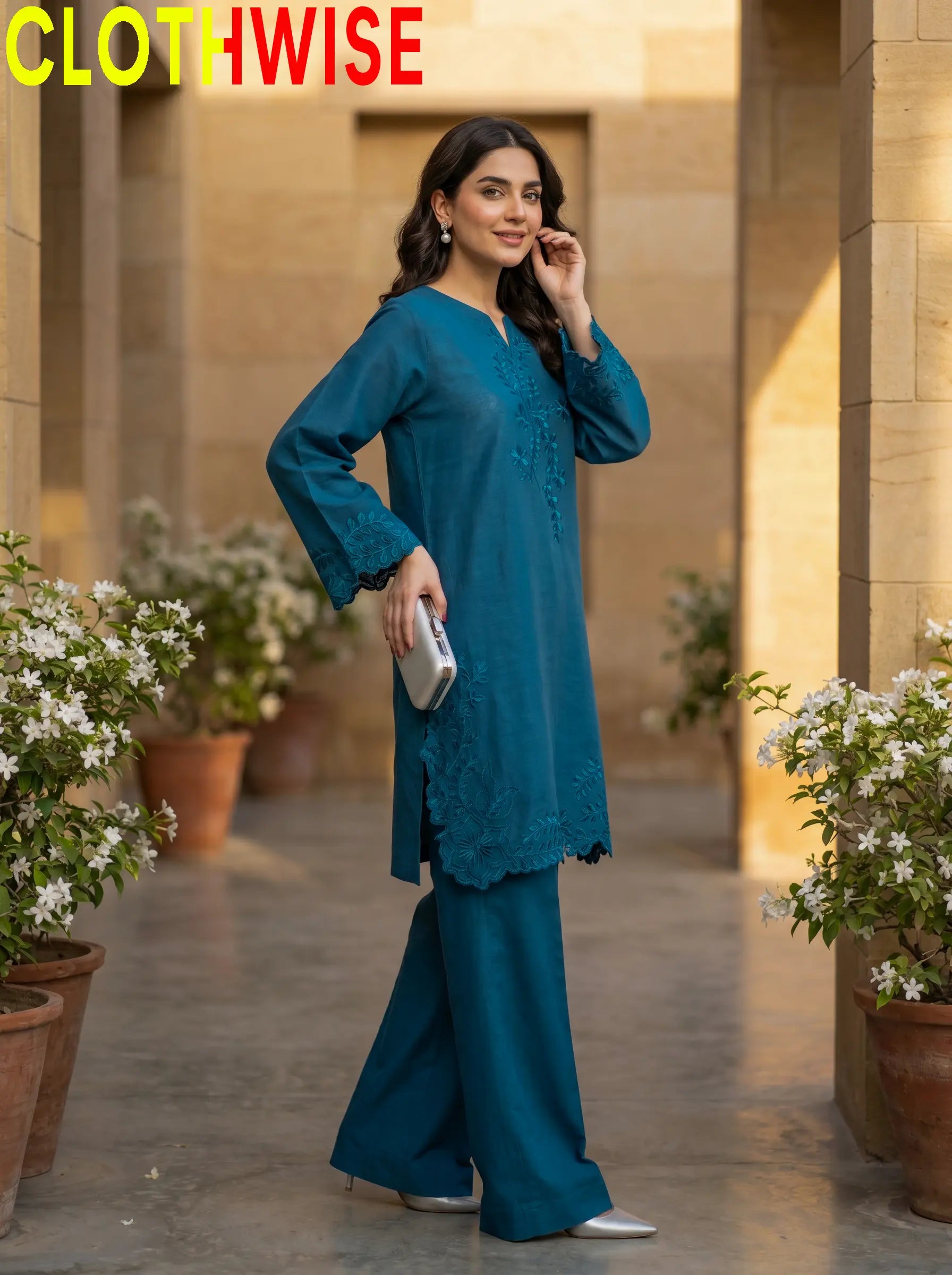 Gulkari Bluish Zinc Cotton 2-Piece Stitched Suit Standing View – Clothwise