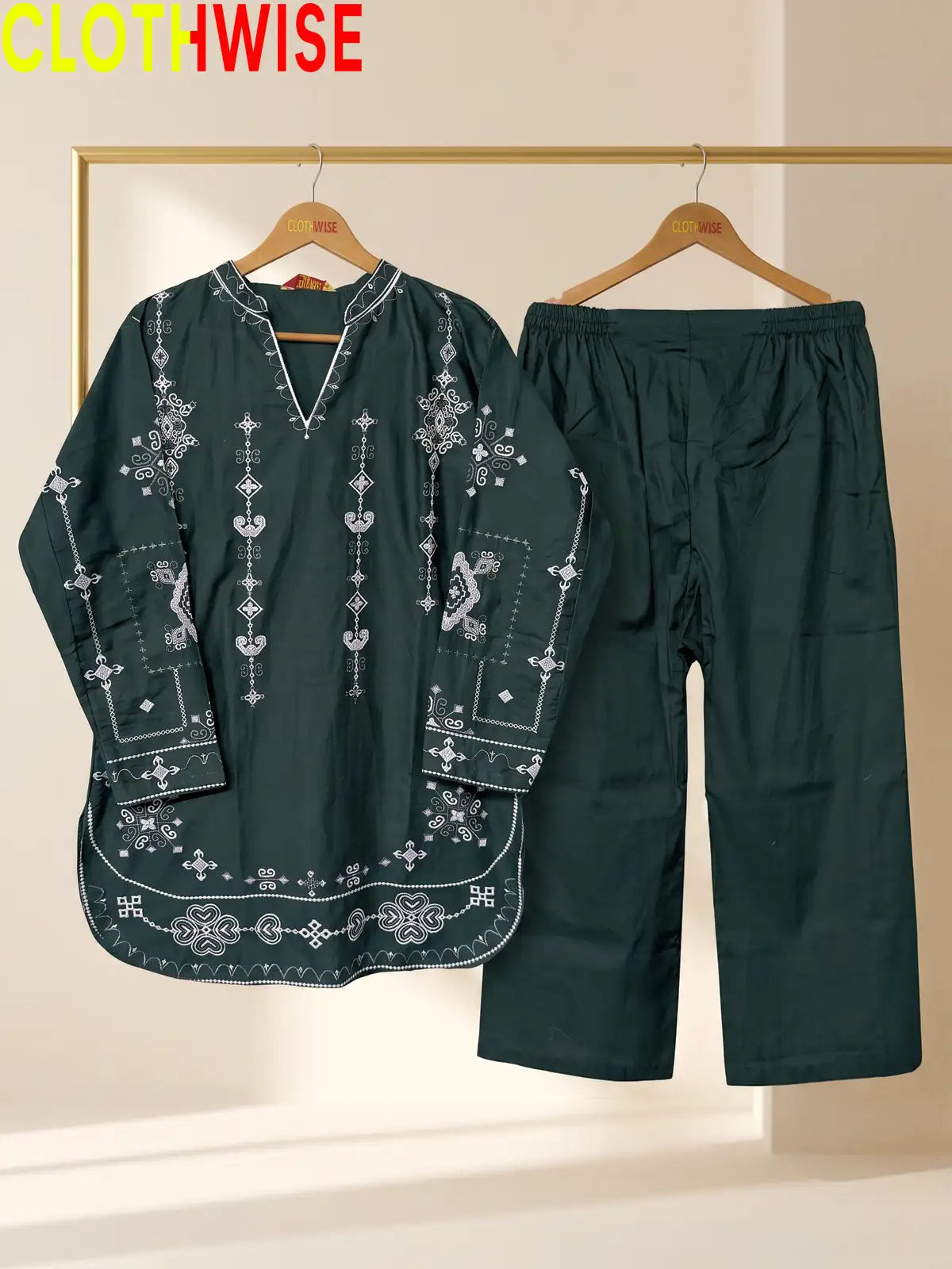 Taana Baana Bottle Green 2-Pc Embroidered Cotton Suit – Hanger Display