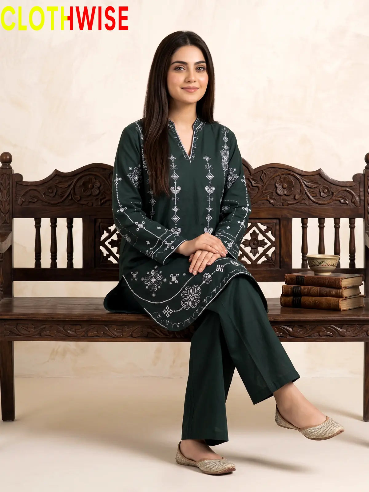 Taana Baana Bottle Green 2-Pc Suit – Sitting View