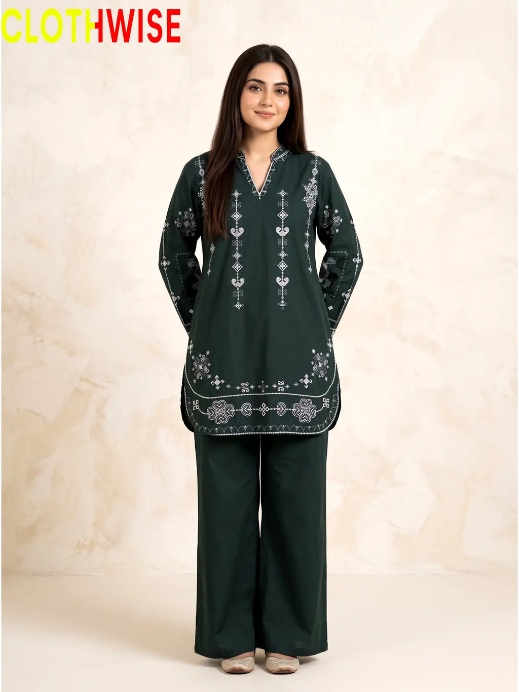 Taana Baana Bottle Green 2-Pc Embroidered Cotton Suit – Standing View