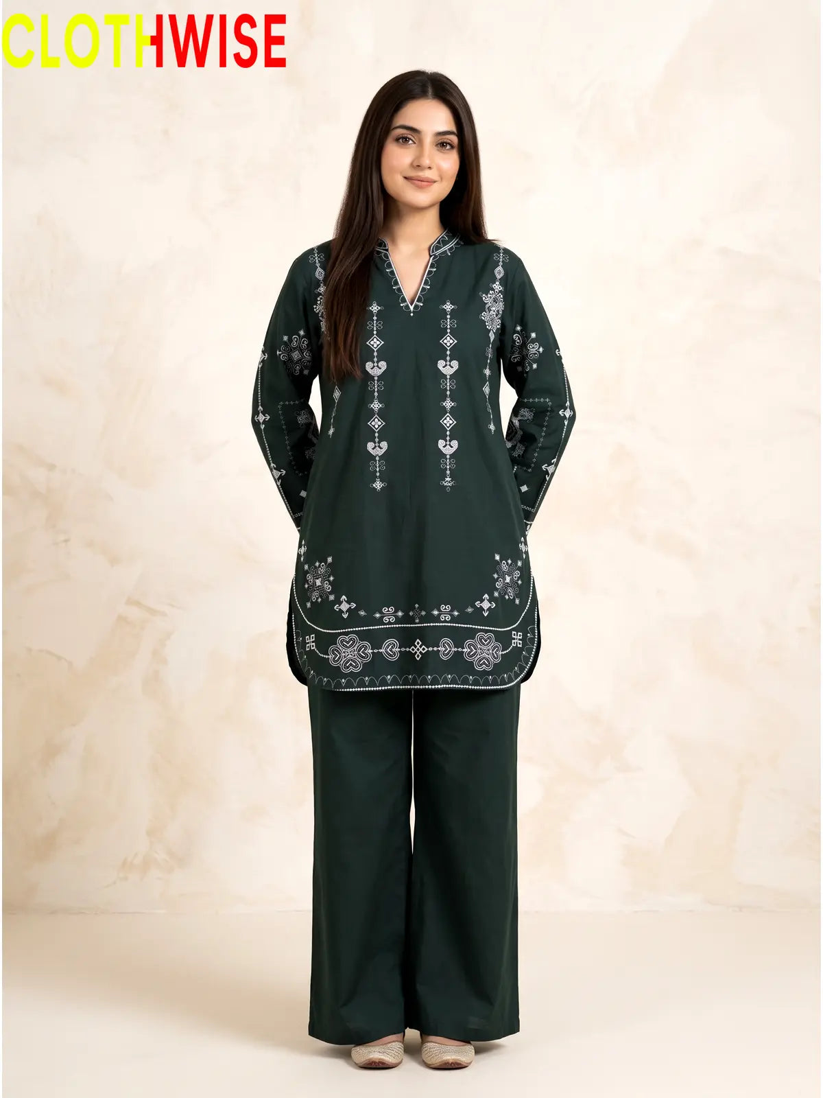 Taana Baana Bottle Green 2-Pc Embroidered Cotton Suit – Standing View