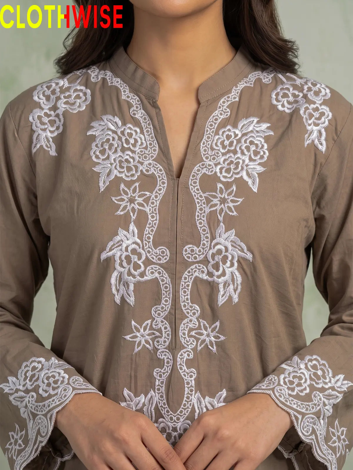 Muskaan Brown Suit – Embroidered Neckline Detail