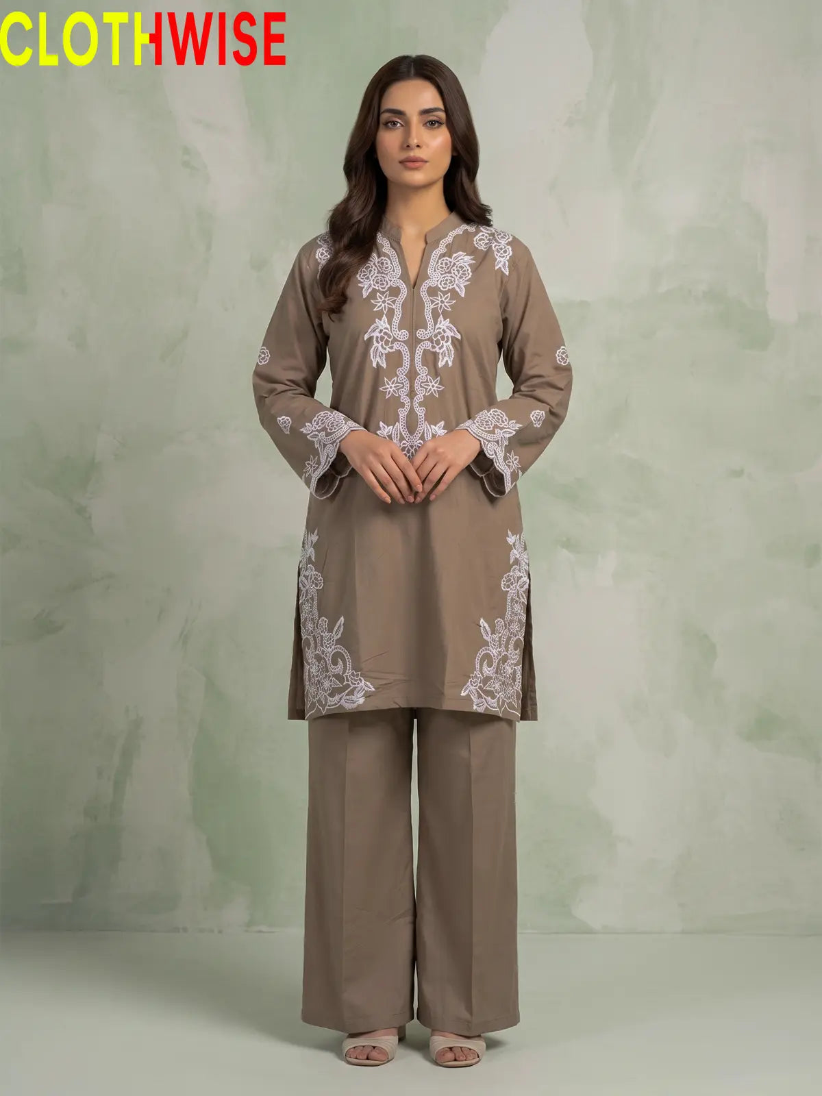 Muskaan Brown Embroidered 2-Piece Cotton Suit – Front View