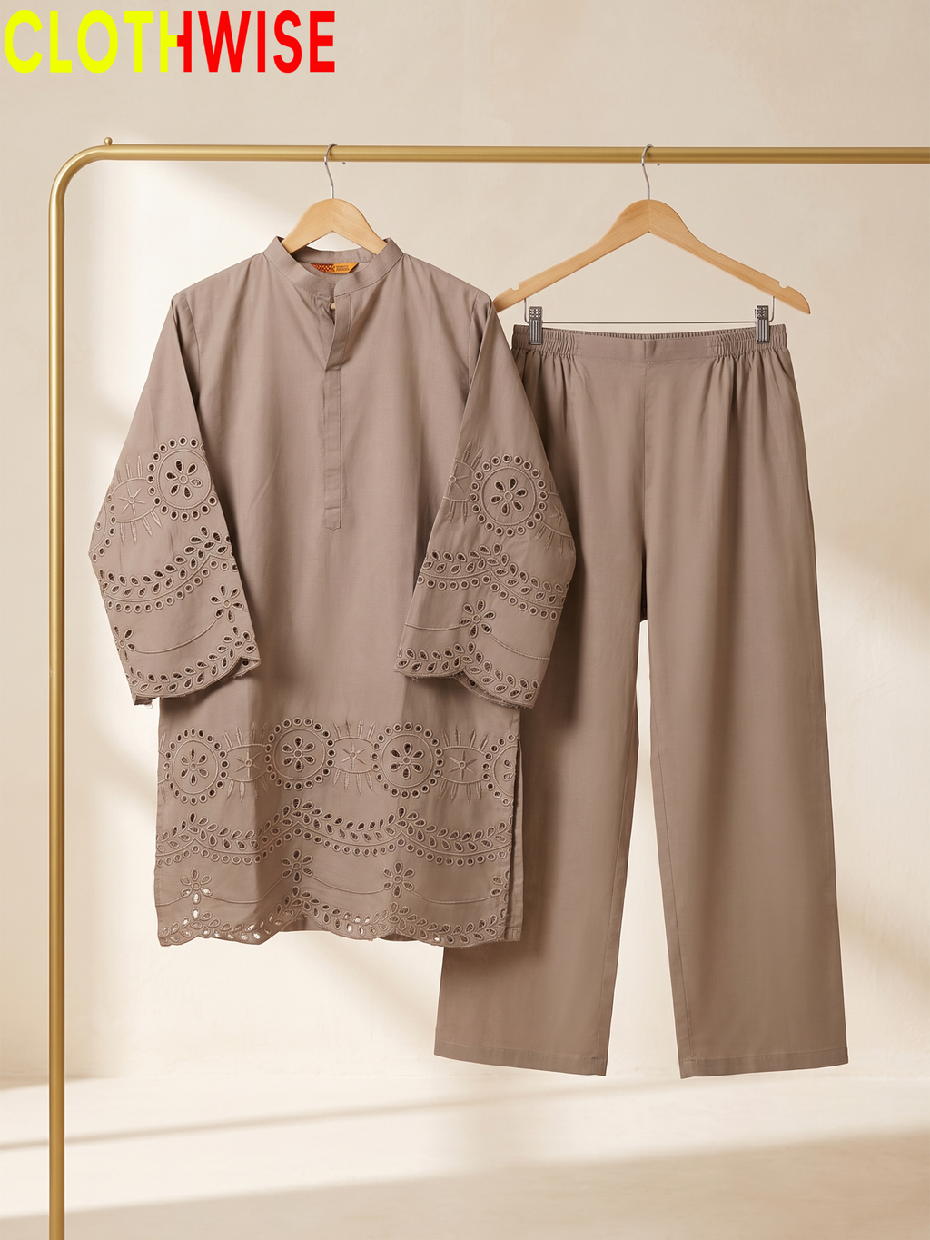 CottonCut Schiffli Embroidered Cotton 2-Piece Suit | Eyelet Kurta with Flapper