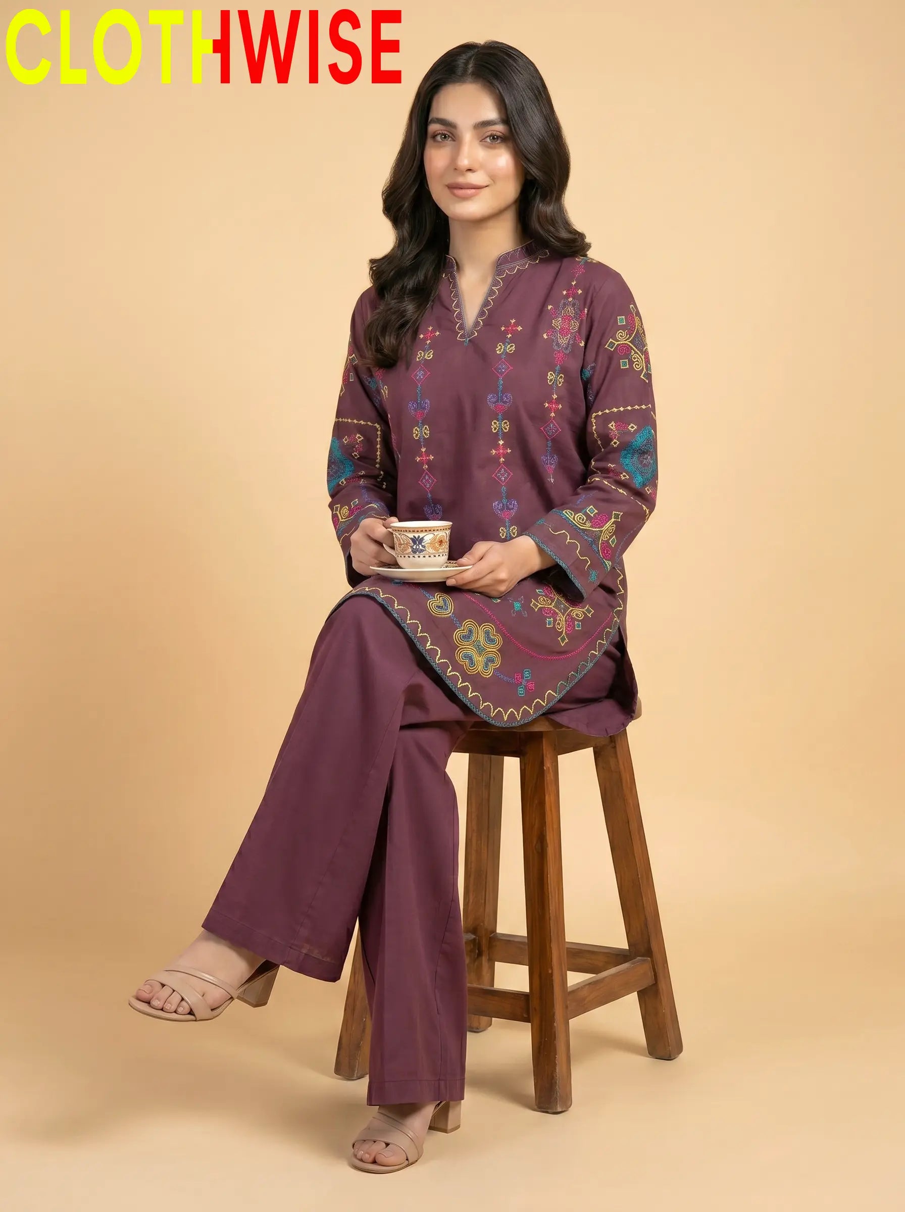 Taana Baana Brownish Purple Embroidered Cotton Suit – Sitting View