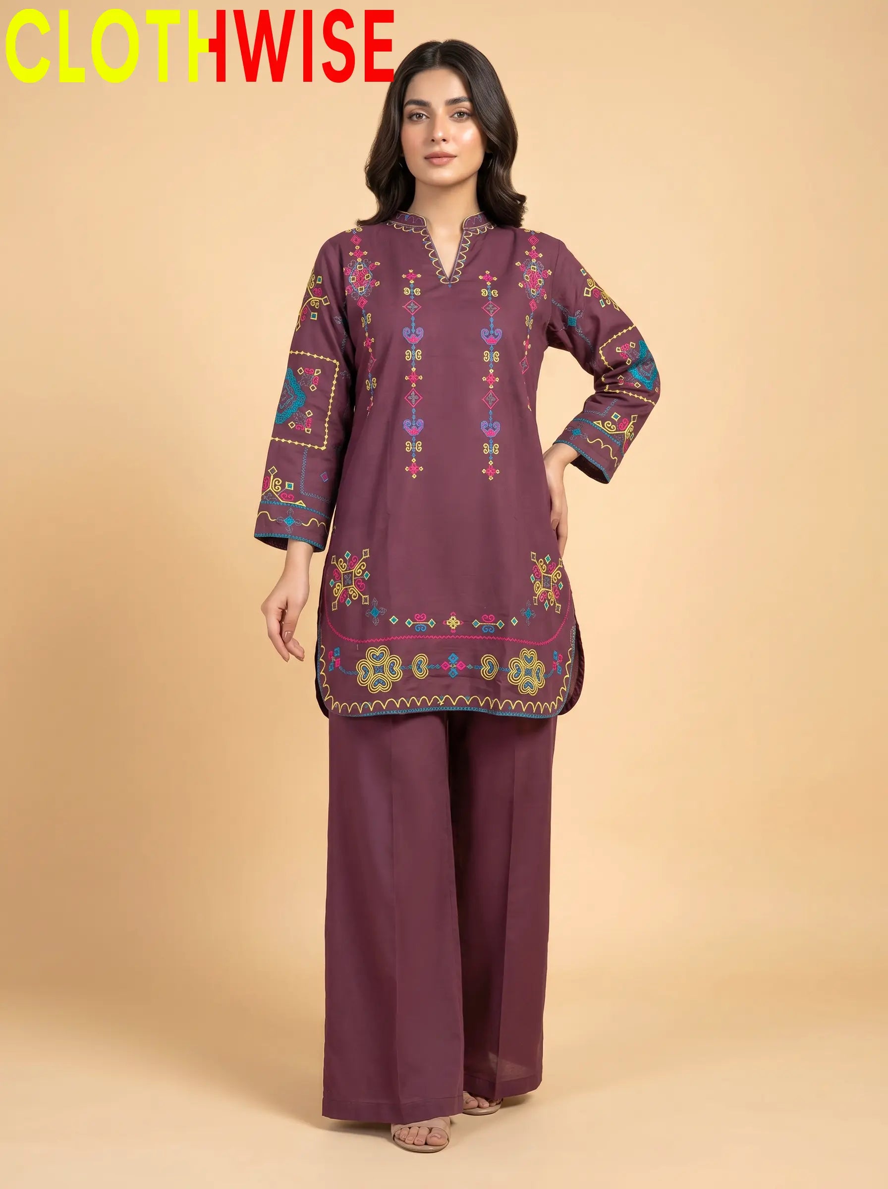 Taana Baana Brownish Purple Embroidered 2-Piece Cotton Co-ord Set – Standing View